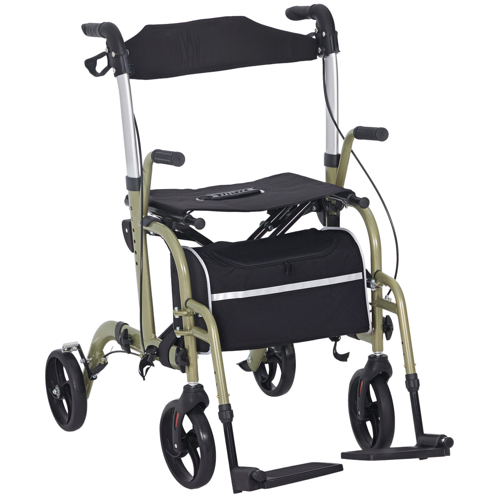 DodiOnline 2 in 1 Wheelchair & Folding Rollator Walker with Seat, Backrest, Footrest Combo, Lightweight Walking Frame with Storage Bag, Adjustable Height, 4 Wheeled Walker for Seniors, Yellow-green