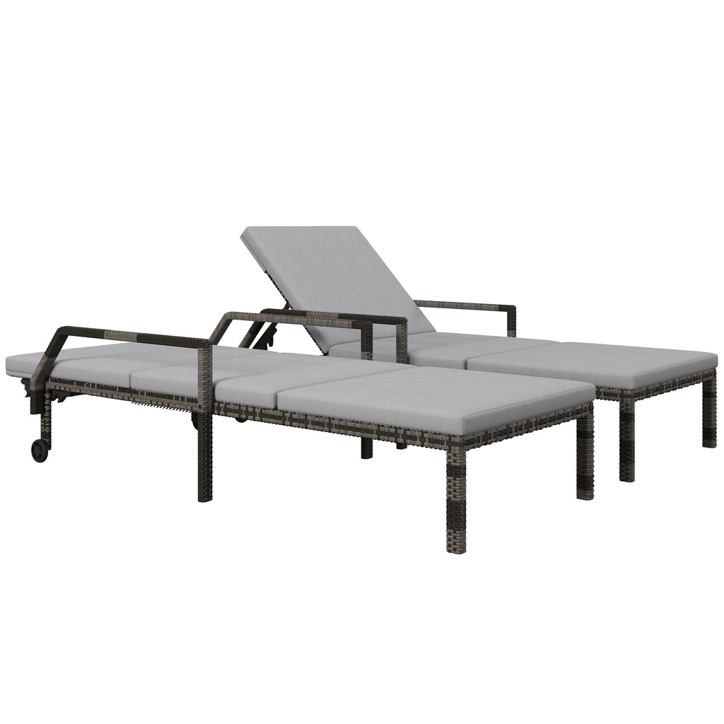 DodiOnline Outdoor PE Rattan Sun Lounger Set of 2, Wicker Chaise Recliner Garden Chair with 5-Level Adjustable Backrest and 2 Wheels, Grey
