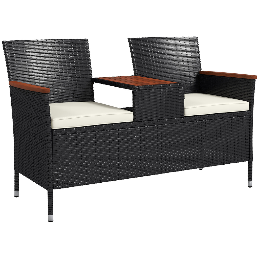 DodiOnline Two-Seat Rattan Loveseat, with Wood-Top Middle Table - Black