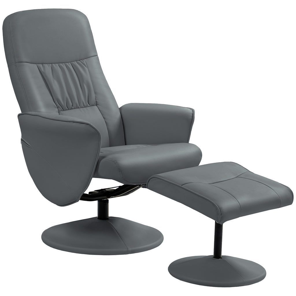 DodiOnline Swivel Recliner Chair with Footstool, PU Leather Armchair and Ottoman with High Back and Round Base for Living Room, Grey