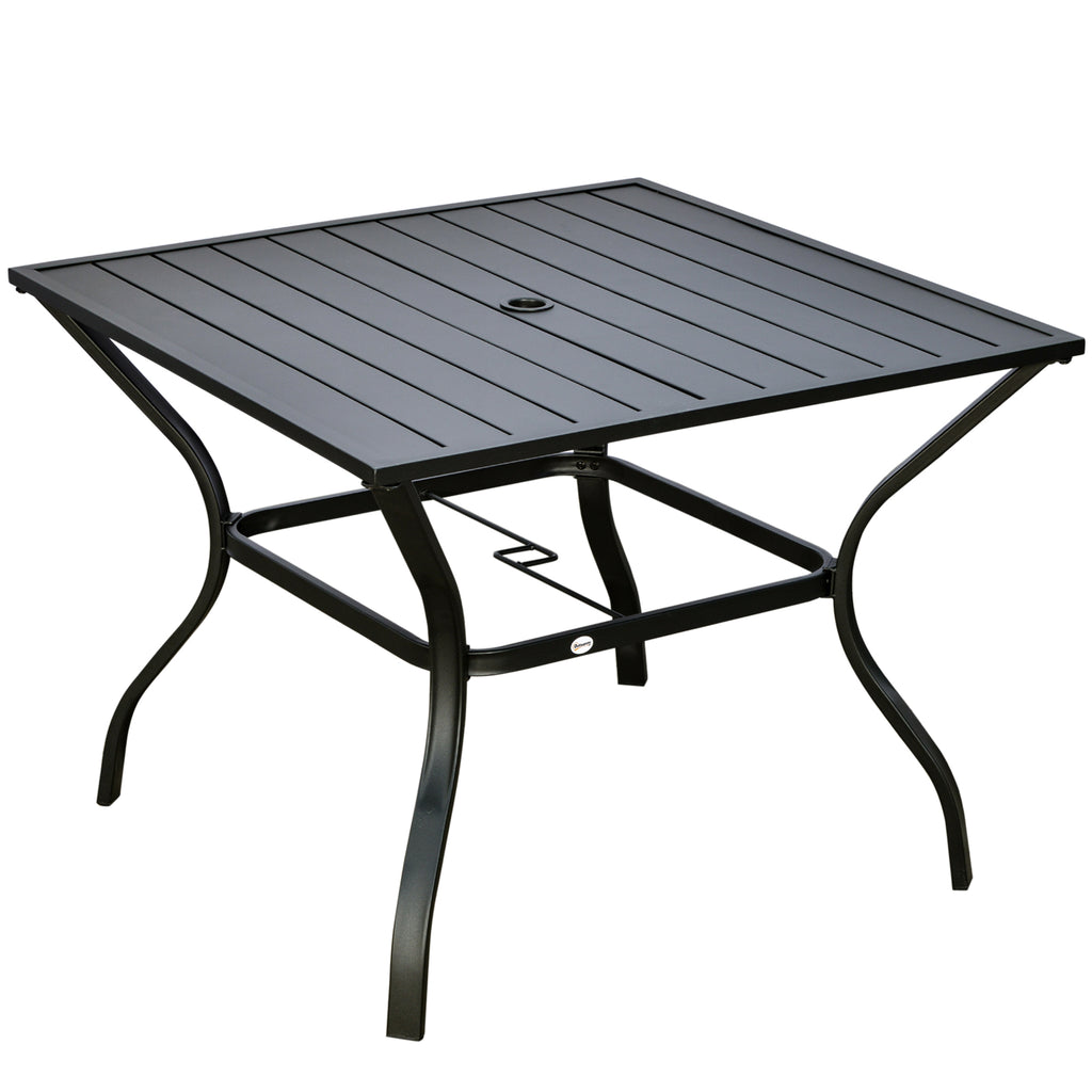 DodiOnline 94 x 94 cm Garden Table with Parasol Hole, Outdoor Dining Garden Table for Four with Slatted Metal Plate Top, Black