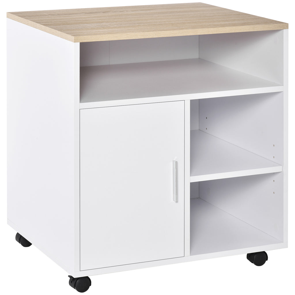 DodiOnline Multi-Storage Printer Stand Unit Office Desk Side Mobile Storage w/ Wheels Modern Style 60L x 50W x 65.5H cm - Oak