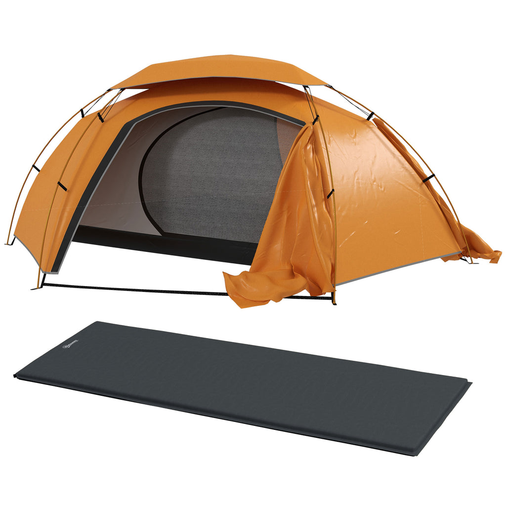 DodiOnline Camping Tent with Self Inflatable Mattress, 1 Person Dome Tent with Removable Rainfly and Aluminium Frame, 2000mm Waterproof, Portable with Bags, for Fishing Hiking, Orange/Grey