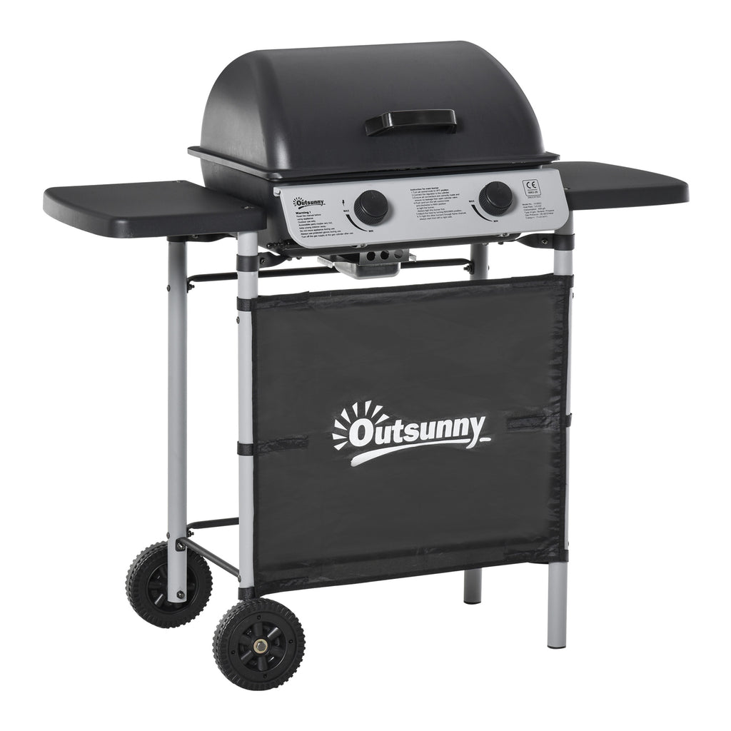 DodiOnline 2 Burner Gas BBQ Trolley with Lid, 5.6 kW Gas Barbecue Grill with Wheels, Side Shelves, Grey