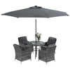 DodiOnline 6 Pieces Garden Dining Set, 4 Seater Rattan Dining Set Outdoor with Umbrella, Cushions, Tempered Glass Top Table