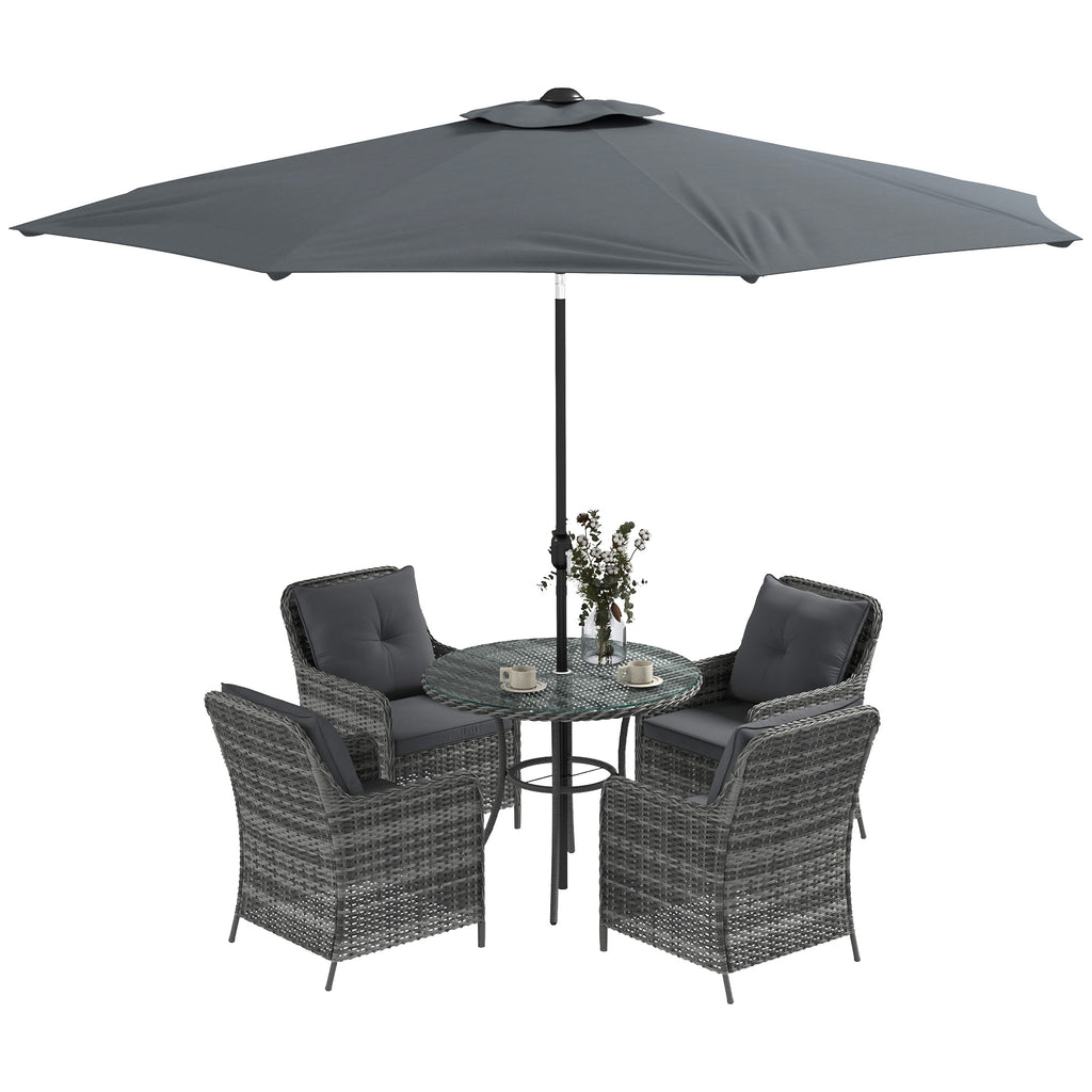 DodiOnline 6 Pieces Garden Dining Set, 4 Seater Rattan Dining Set Outdoor with Umbrella, Cushions, Tempered Glass Top Table