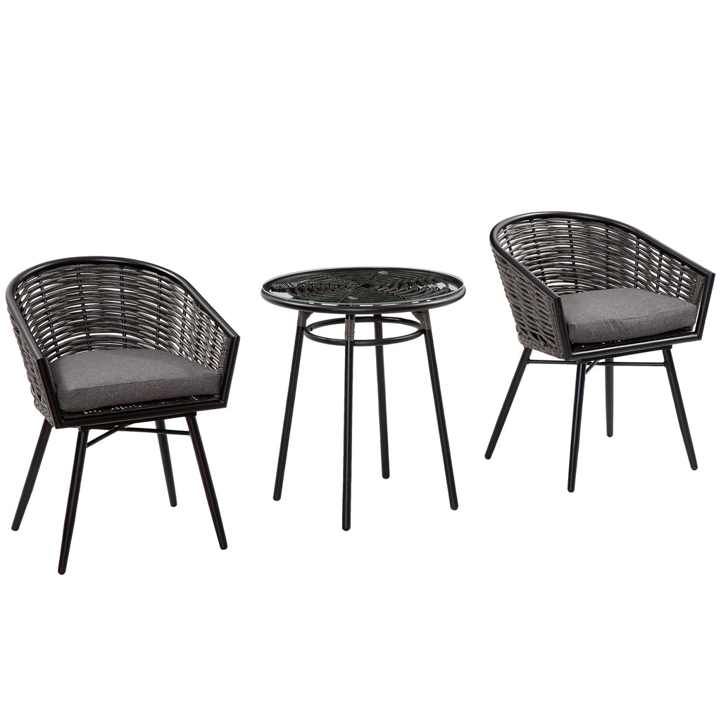 DodiOnline 3 Pieces Rattan Bistro Set, Wicker Outdoor Furniture Set with Round Glass Top Coffee Table and Chairs, Washable Cushions for Outdoor, Patio, Balcony, Grey