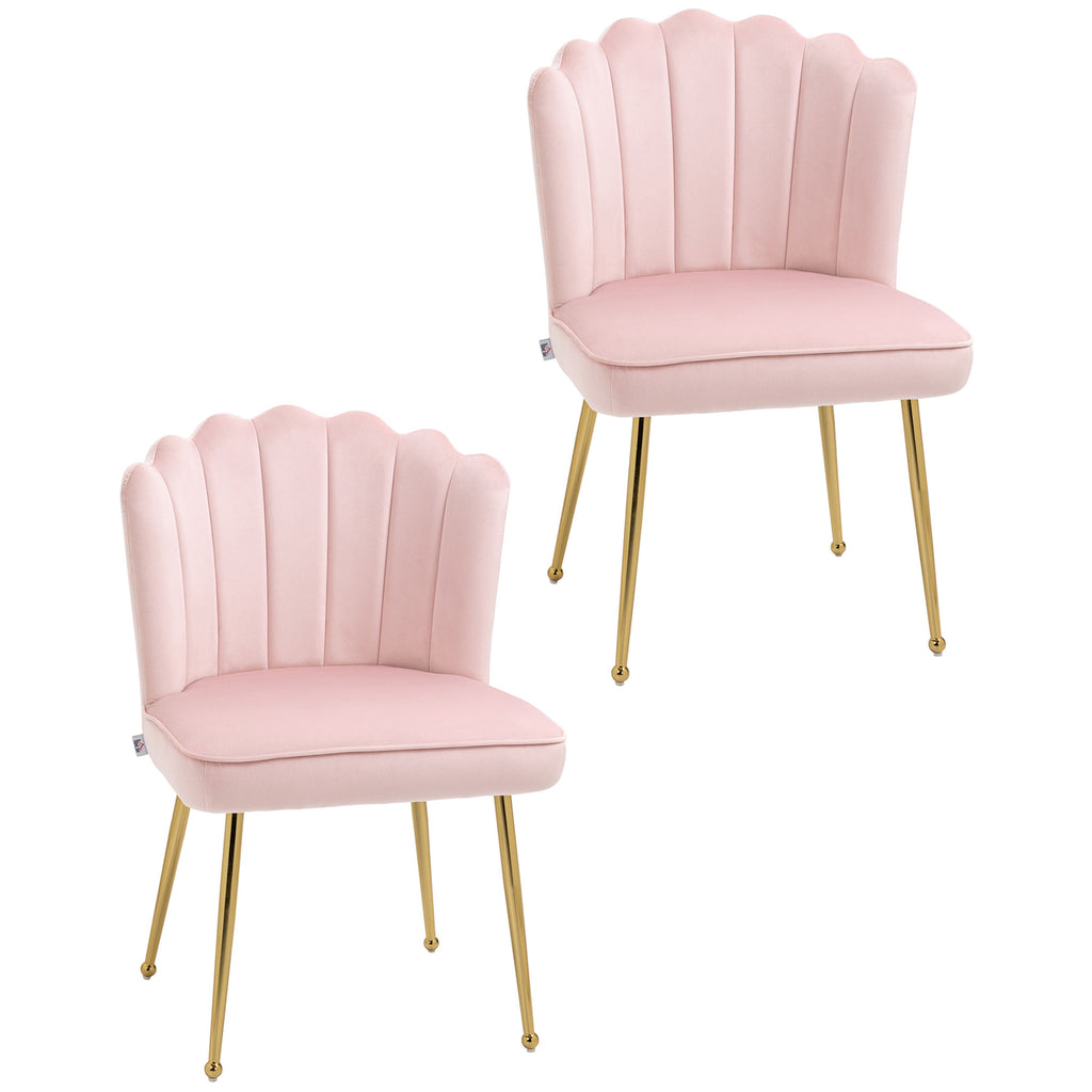 DodiOnline Shell Dining Chairs Set of 2, Upholstered Kitchen Chairs with Gold Metal Legs and Backrest, Velvet Fabric Lounge Leisure Chairs for Living Room, Reception Room, Pink