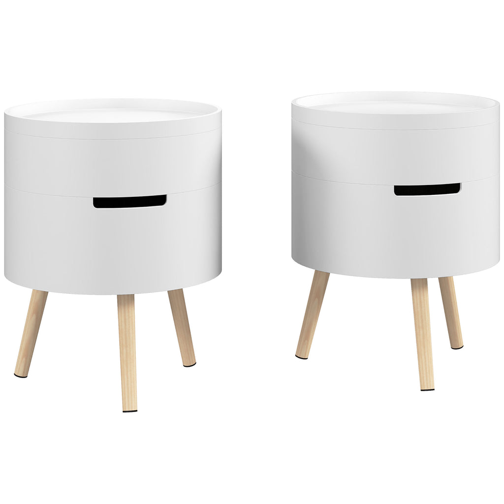 DodiOnline 3-Tier Coffee Table, Round End Table with 2 Hidden Compartments and Detachable Tray, Side Table with Storage for Living Room, Set of 2, White