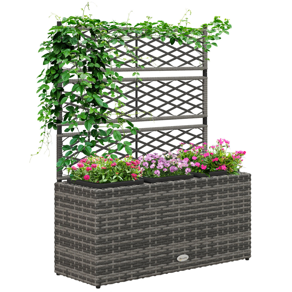 DodiOnline 33L Garden PE Rattan Planter with Trellis, Free Standing Flower Raised Bed for Garden, Garden Planter for Climbing Plants, 84cm x 30cm x 107cm, Light Grey