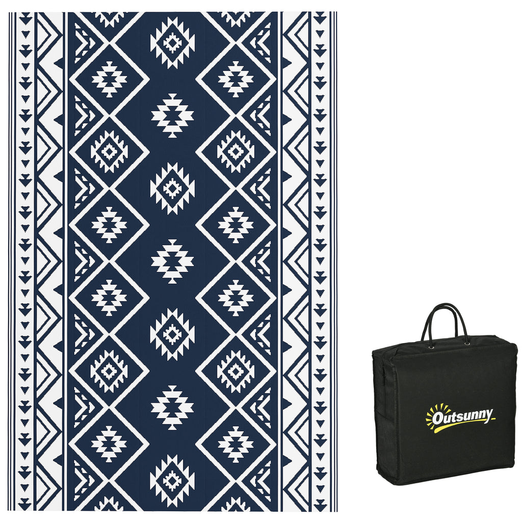 DodiOnline Plastic Straw Reversible RV Outdoor Rug with Carry Bag, 182 x 274cm, Dark Blue and White