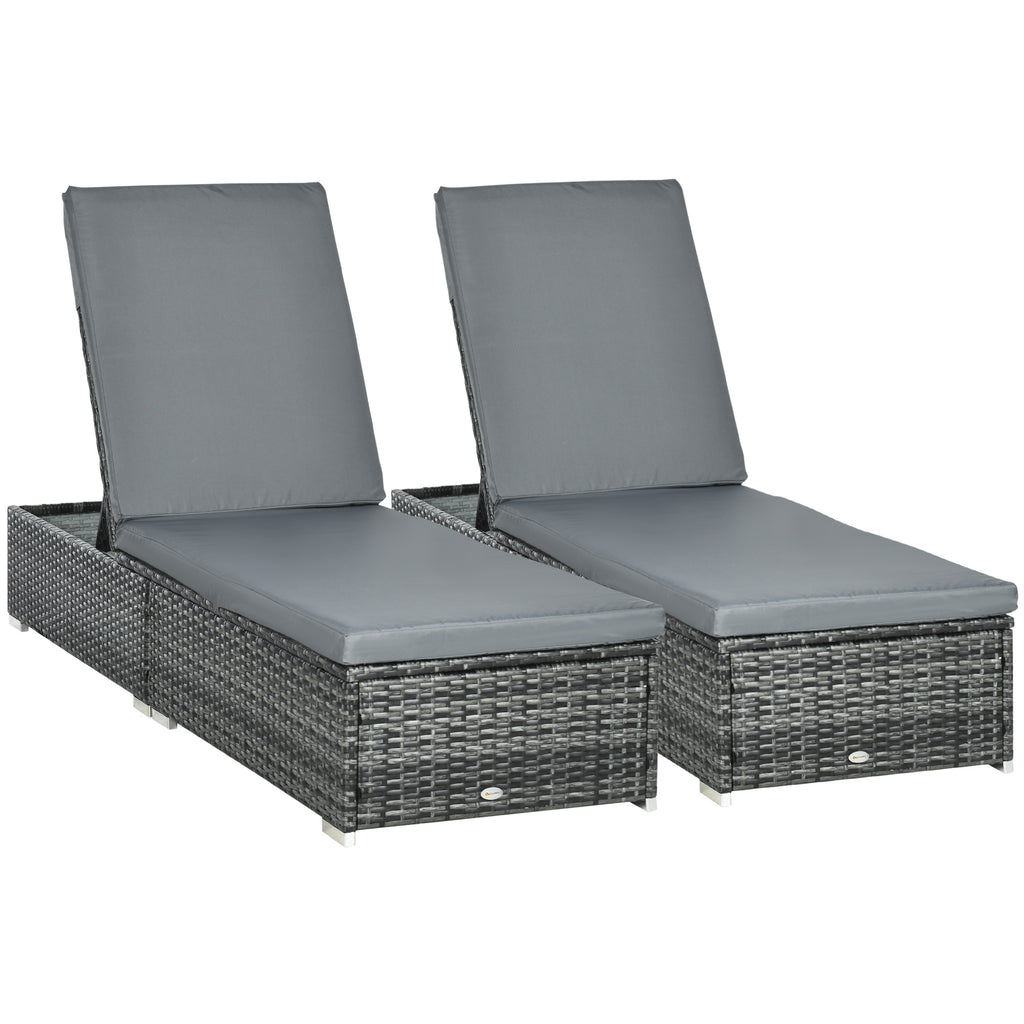 DodiOnline PE Rattan Sun Loungers set of 2 with Cushion, Outdoor 2 Pieces Garden Sunbed Furniture with 5-Level Recliner Backrest, Reclining Patio Wicker Bed Chair, Grey