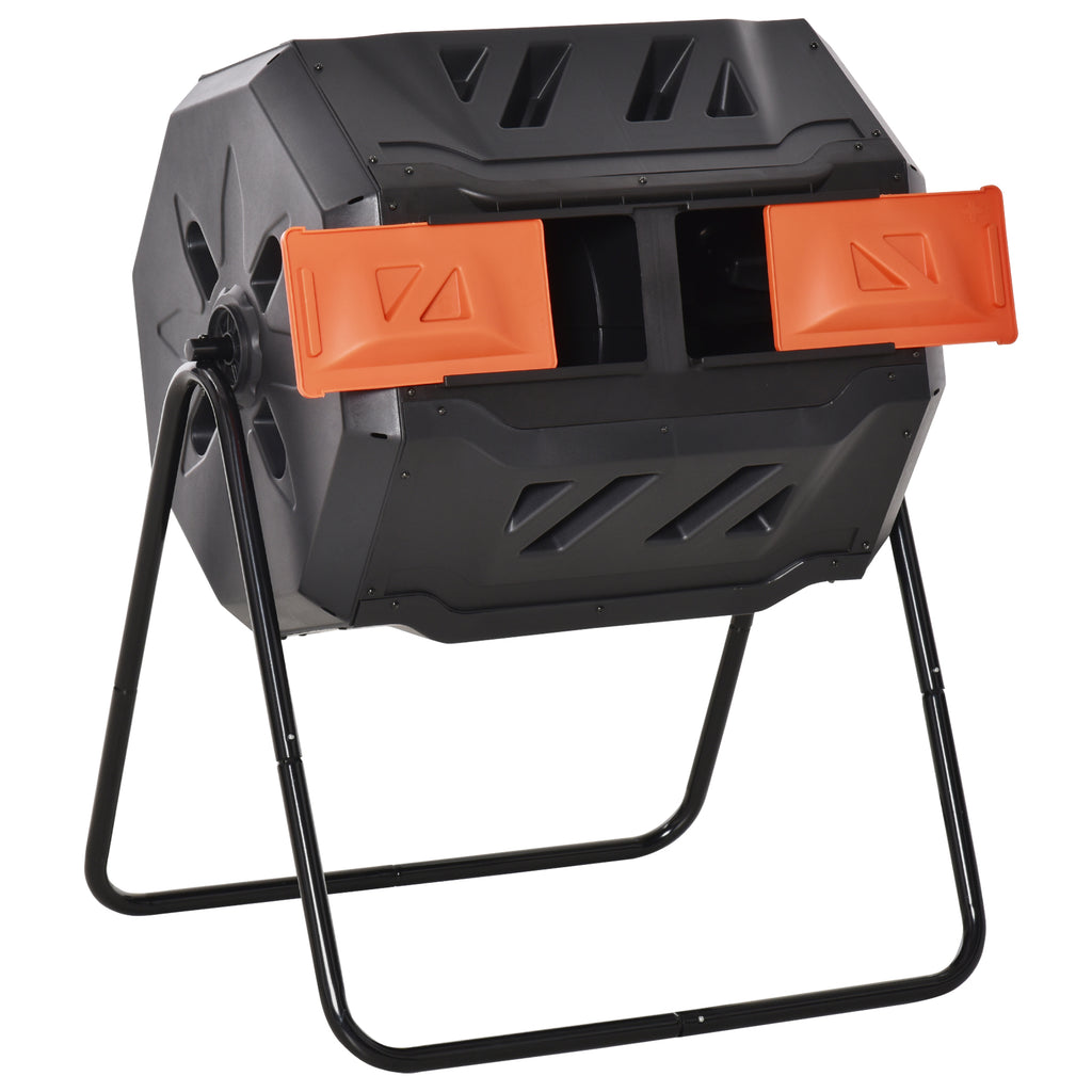 DodiOnline 160L Tumbling Compost Bin Outdoor Dual Chamber 360° Rotating Composter, Garden Compost Bin w/ Sliding Doors & Solid Steel Frame, Orange