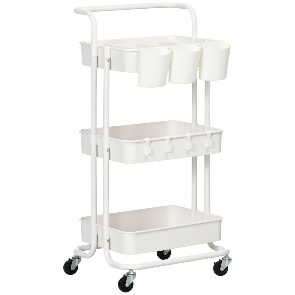 DodiOnline Three-Tier Home Trolley, with Handle and Wheels - White
