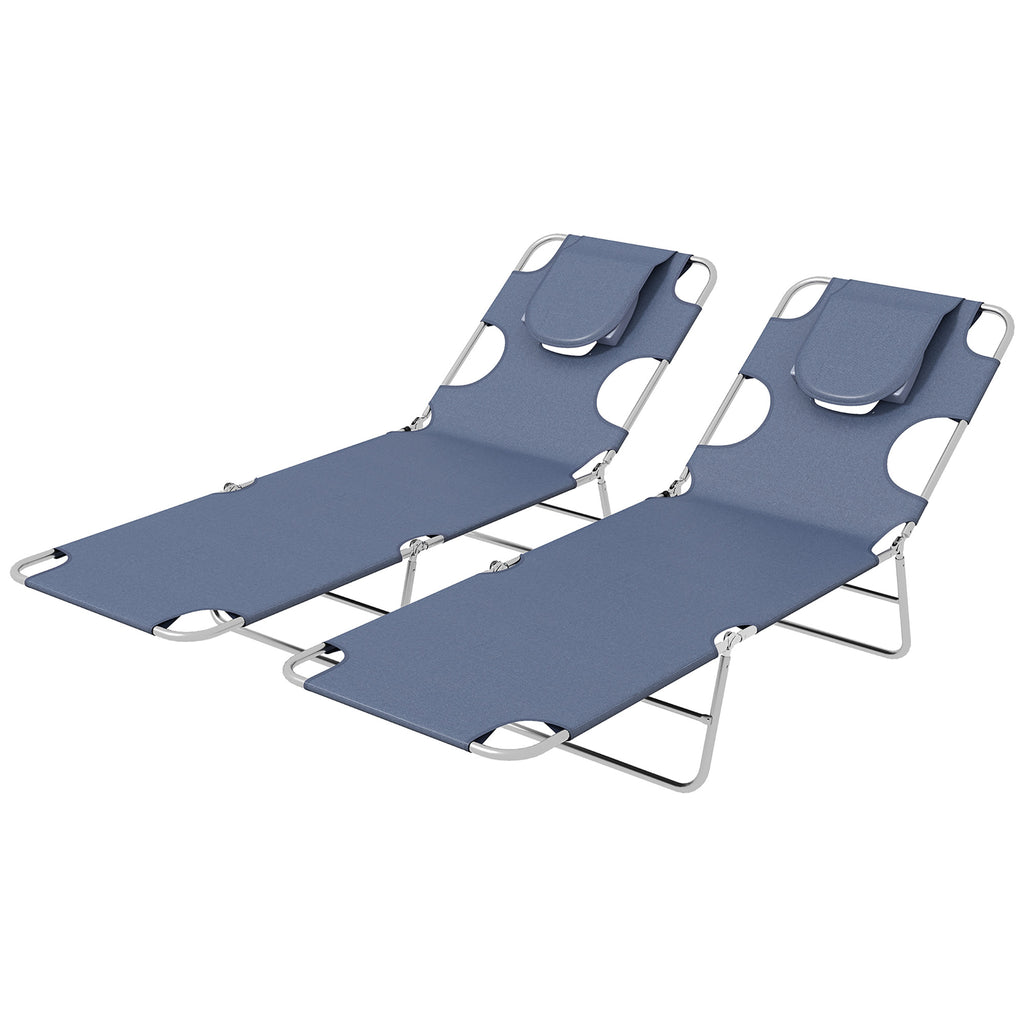 DodiOnline Foldable Sun Lounger Set of 2 with Reading Hole, Portable Sun Lounger with 5 Level Adjustable Backrest, Reclining Lounge Chair with Side Pocket, Headrest Pillow, Grey