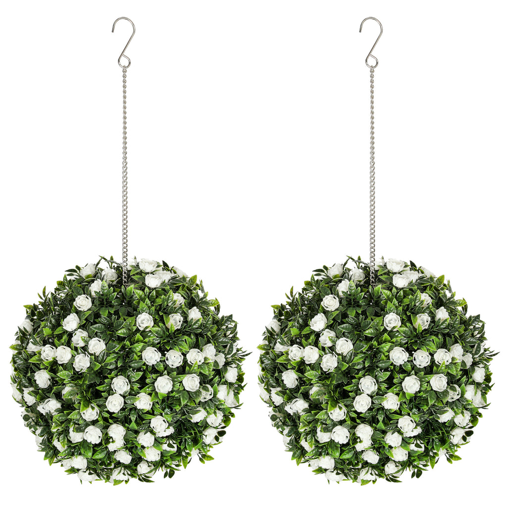 DodiOnline Set of 2 Decorative Artificial Plants, UV-protected Artificial Plant Topiary Rose Balls, Fake Plants for Home Indoor outdoor Decor, 28cm, White