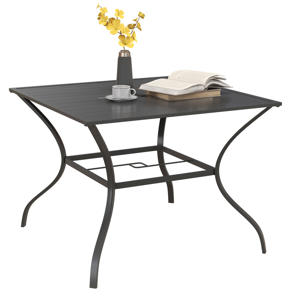 DodiOnline 94 x 94 cm Garden Table with Parasol Hole, Outdoor Dining Garden Table for Four with Slatted Metal Plate Top, Dark Grey