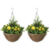 DodiOnline Pack of 2 Faux Plant Artificial Lisianthus Flowers Hanging Planter with Basket for Indoor Outdoor Decoration, Yellow