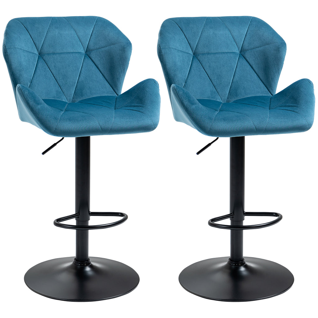 DodiOnline Bar Stools Set Of 2, Luxurious Velvet-Touch Barstools with Metal Frame Footrest Round Base Triangle Indenting Moulded Seat Adjustable Height Swivel Blue