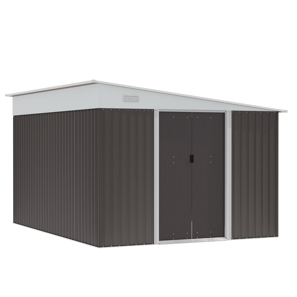 DodiOnline 11.3 x 9.2ft Lean to Metal Garden Shed, Outdoor Galvanised Tool Storage House with Double Sliding Doors and 2 Air Vents, Grey