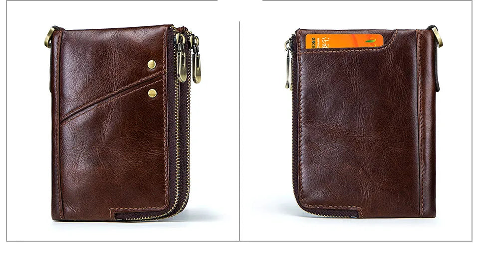RFID Card Holder Wallet for Men Genuine Leather Small Money Bag Luxury Double Zipper Coin Pocket Quality Male Clutch Carteira