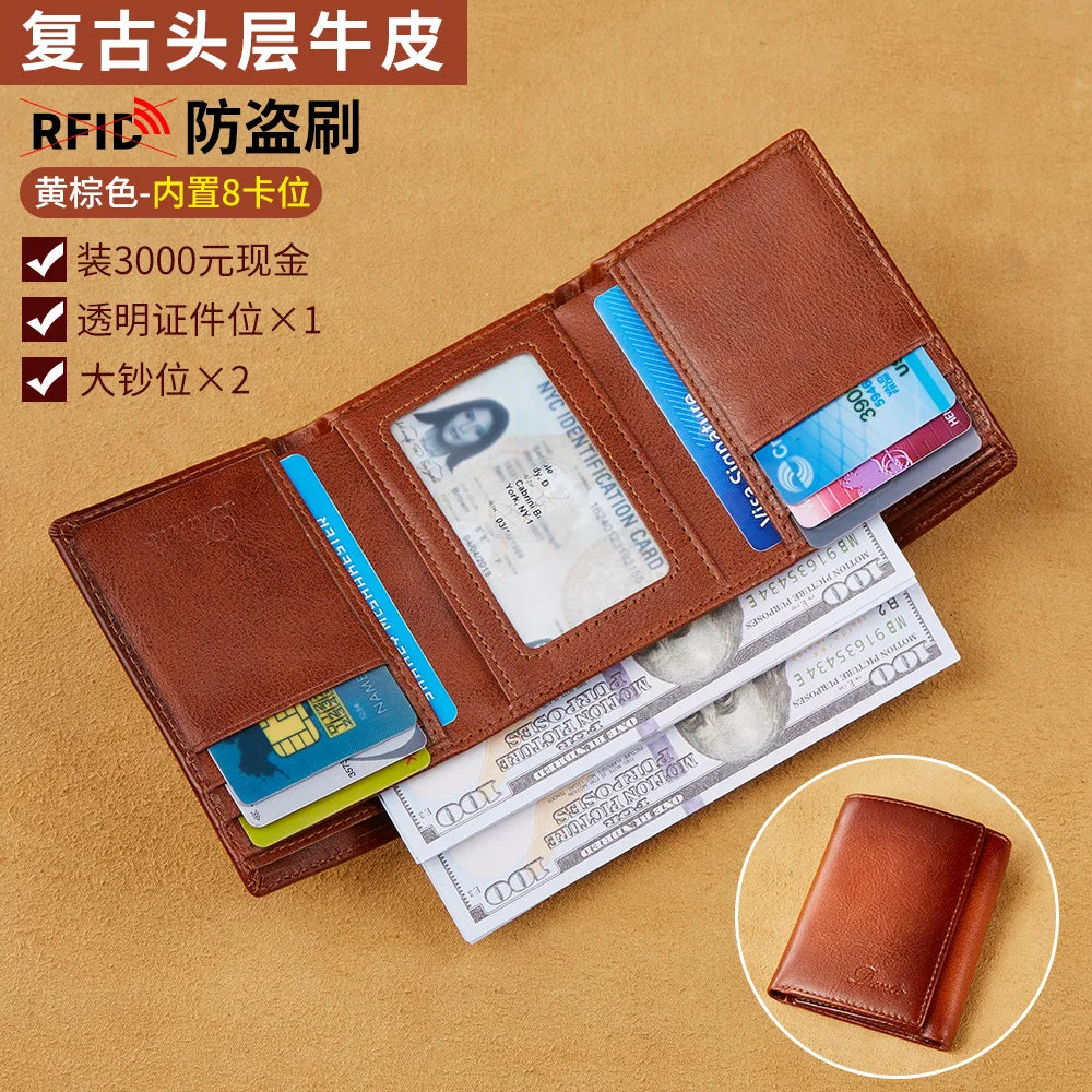 Dante Retro Three Fold Genuine Leather Men's Wallet with Anti-Theft Card Swiping Head Layer Cowhide Wallets Multiple Card Slot