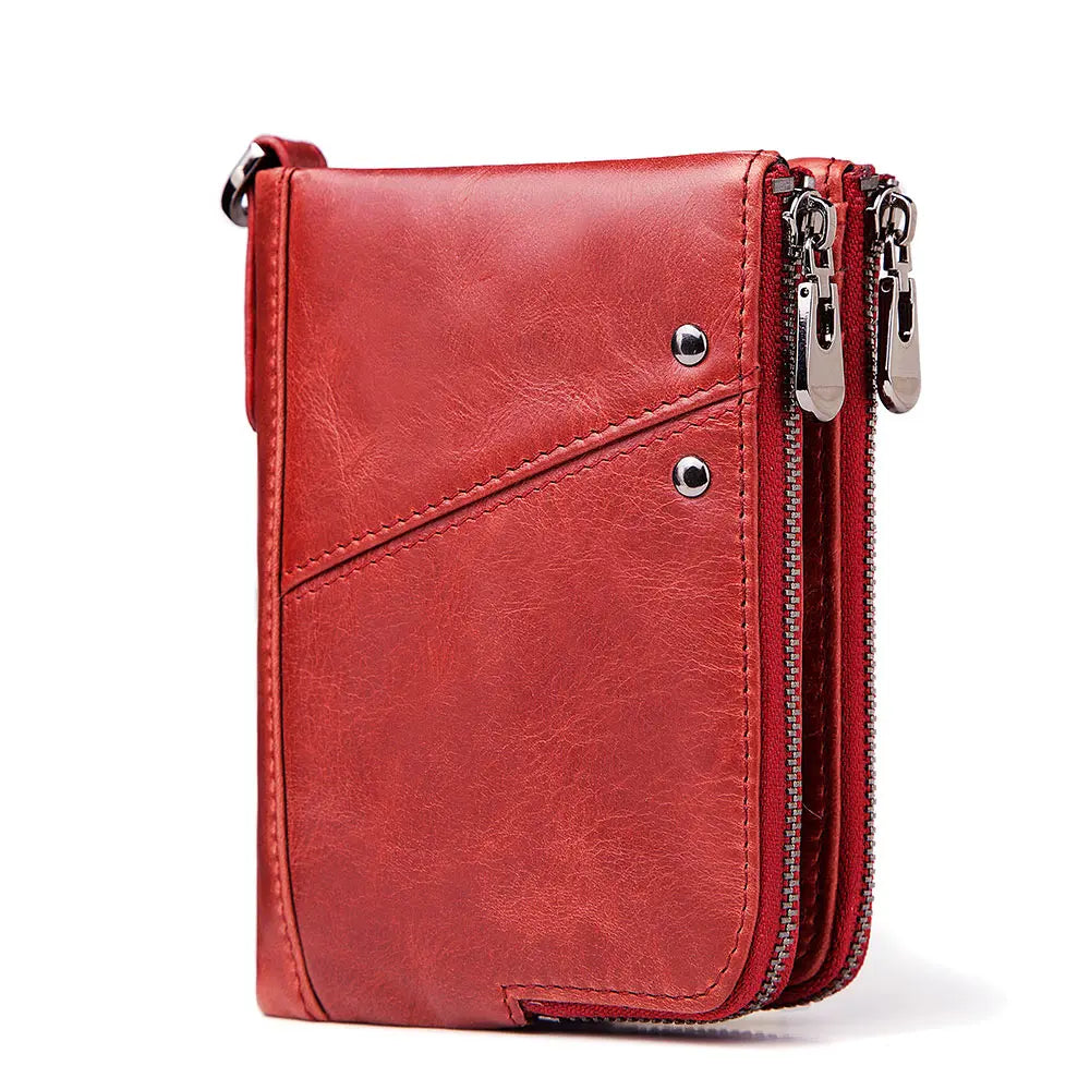 RFID Card Holder Wallet for Men Genuine Leather Small Money Bag Luxury Double Zipper Coin Pocket Quality Male Clutch Carteira