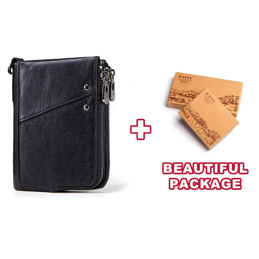 RFID Card Holder Wallet for Men Genuine Leather Small Money Bag Luxury Double Zipper Coin Pocket Quality Male Clutch Carteira