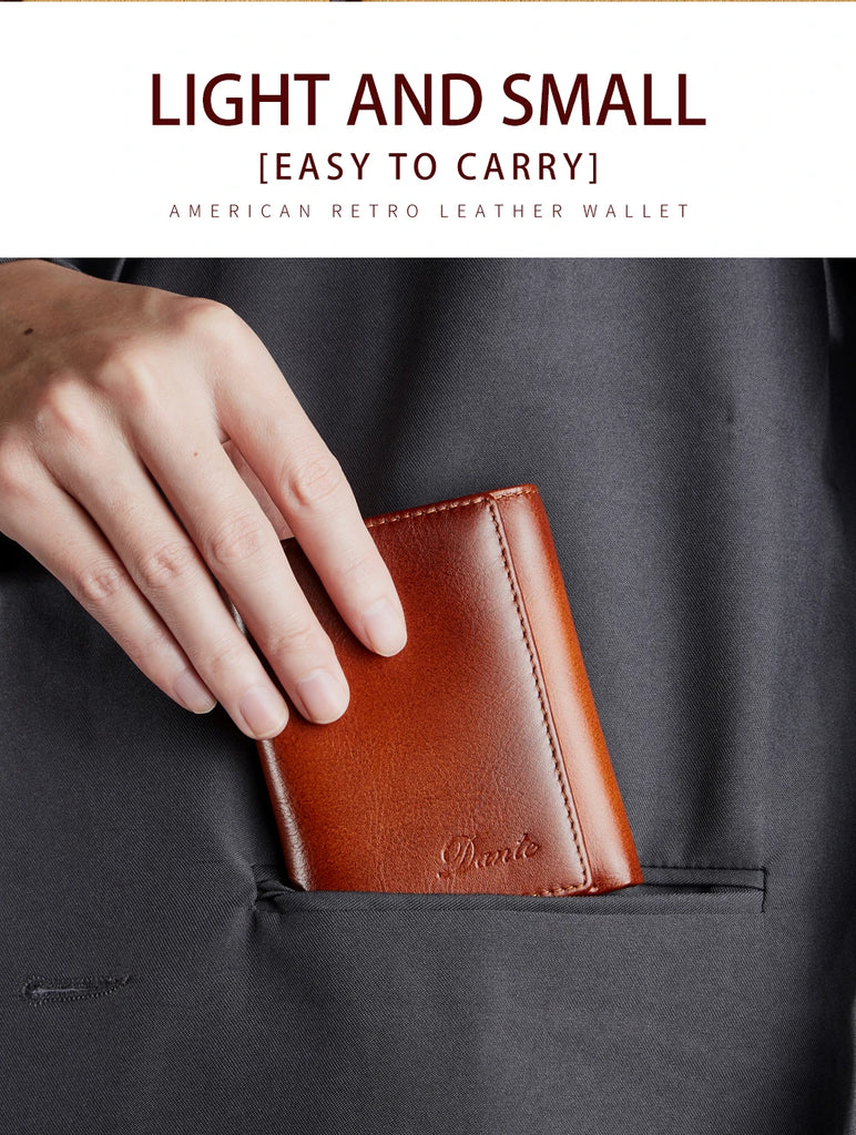 Dante Retro Three Fold Genuine Leather Men's Wallet with Anti-Theft Card Swiping Head Layer Cowhide Wallets Multiple Card Slot