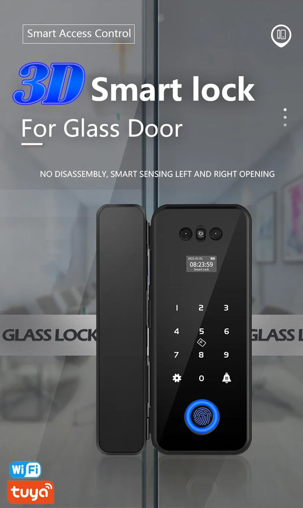 3D Face Recognition Smart Lock Infrared Sensor Tuya APP WIFI Biometric Electronic Fingerprint Unlock Glass Door Lock Office Door