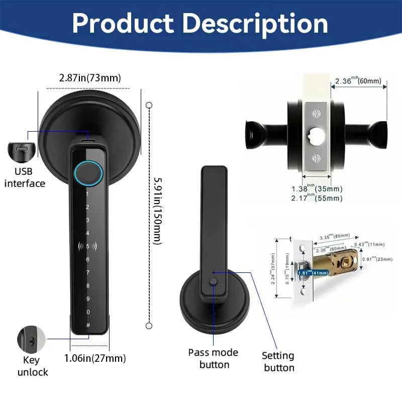 Tuya Handle Fingerprint Key Card Digital Smart Door Lock Keypad Key Entry electronic lock Home House 9 languages audio playback