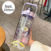 2L Water Bottle With Straw Large Capacity Sports Water Bottle Travel Fitness Sports Portable Drinking Bottles With Time Marker