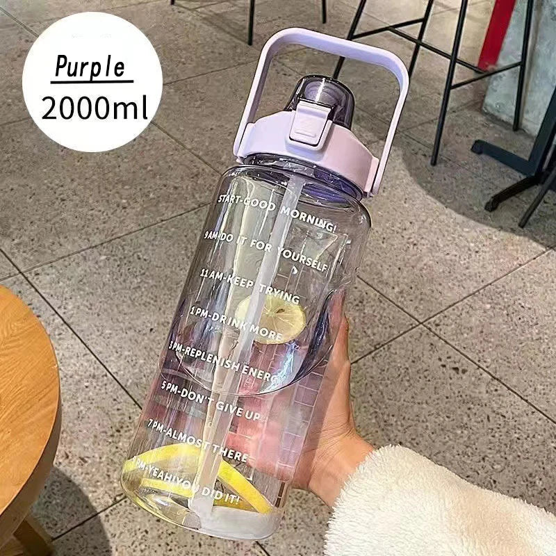 2L Water Bottle With Straw Large Capacity Sports Water Bottle Travel Fitness Sports Portable Drinking Bottles With Time Marker
