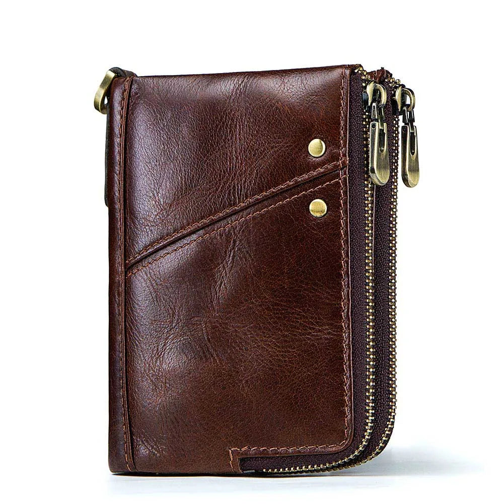 RFID Card Holder Wallet for Men Genuine Leather Small Money Bag Luxury Double Zipper Coin Pocket Quality Male Clutch Carteira