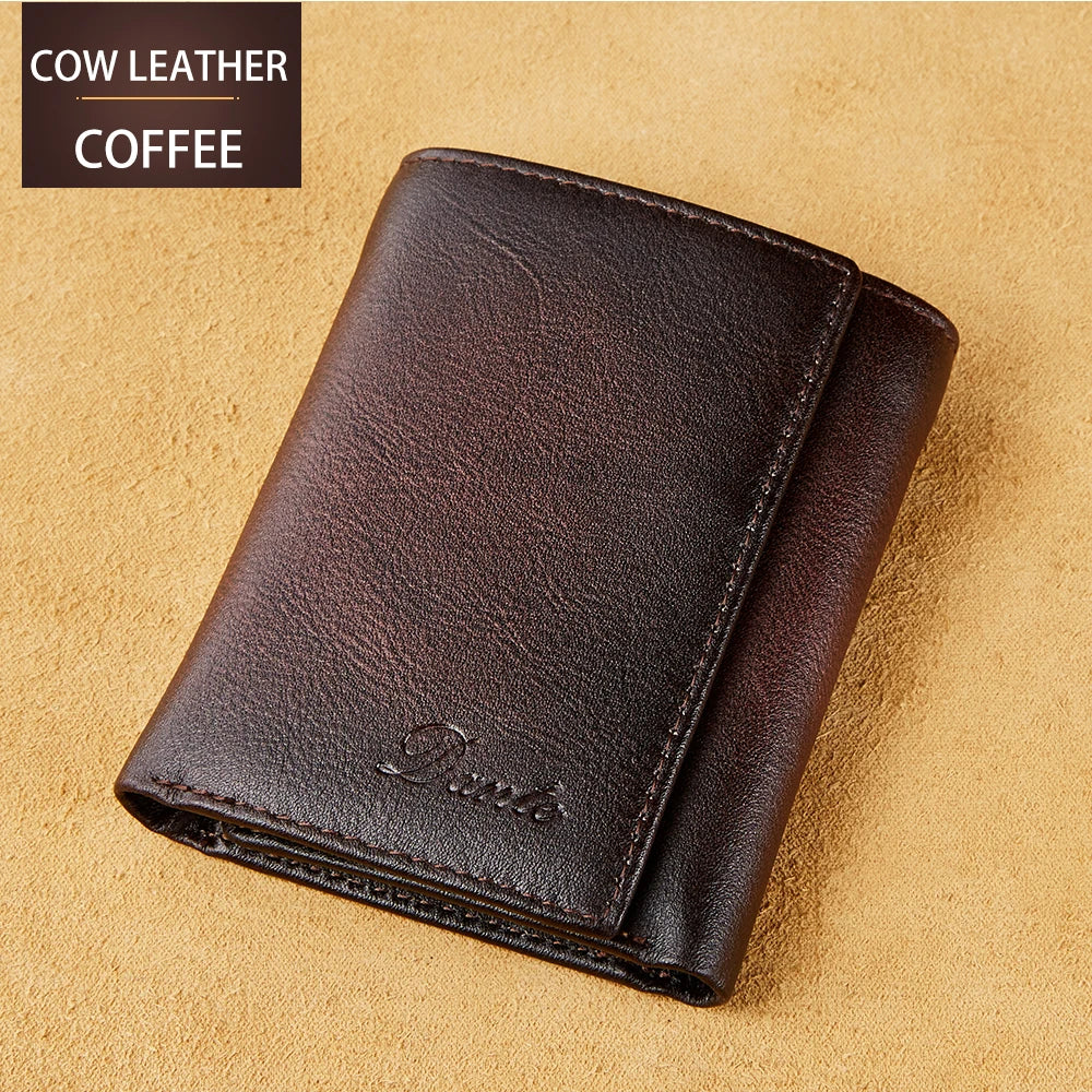 Dante Retro Three Fold Genuine Leather Men's Wallet with Anti-Theft Card Swiping Head Layer Cowhide Wallets Multiple Card Slot