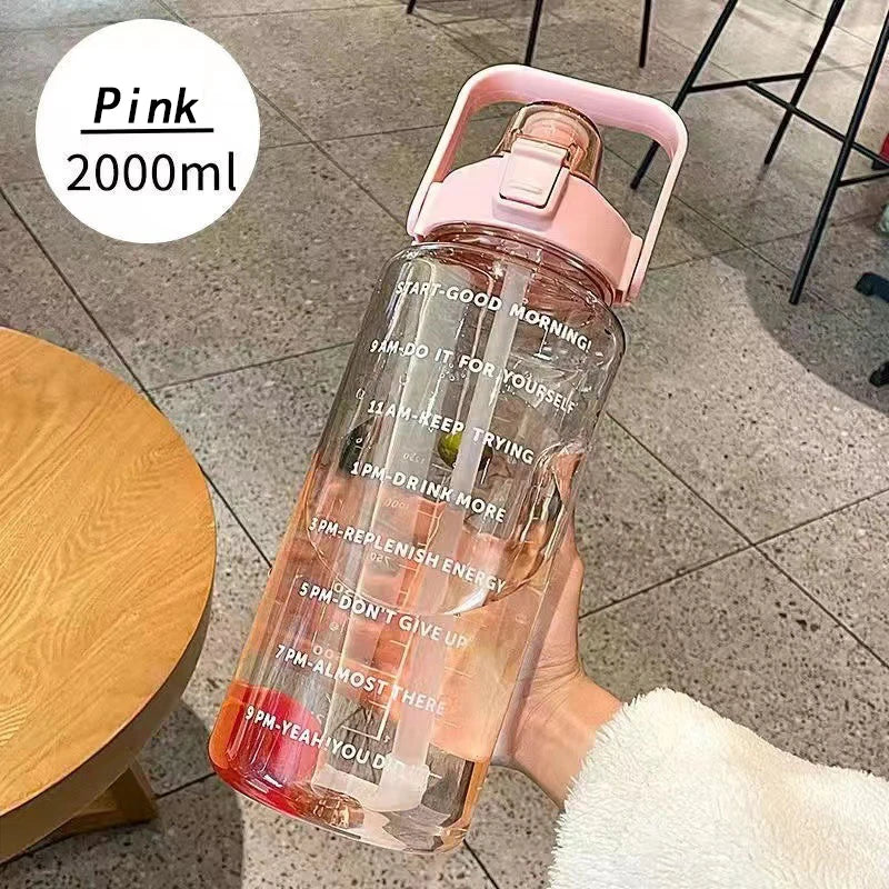 2L Water Bottle With Straw Large Capacity Sports Water Bottle Travel Fitness Sports Portable Drinking Bottles With Time Marker