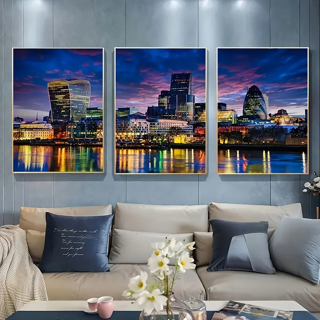 3pcs, Frameless Canvas Posters, Abstract London City Landscape Night Scene Illustrations, Canvas Wall Art, Art Wall Painting Gif