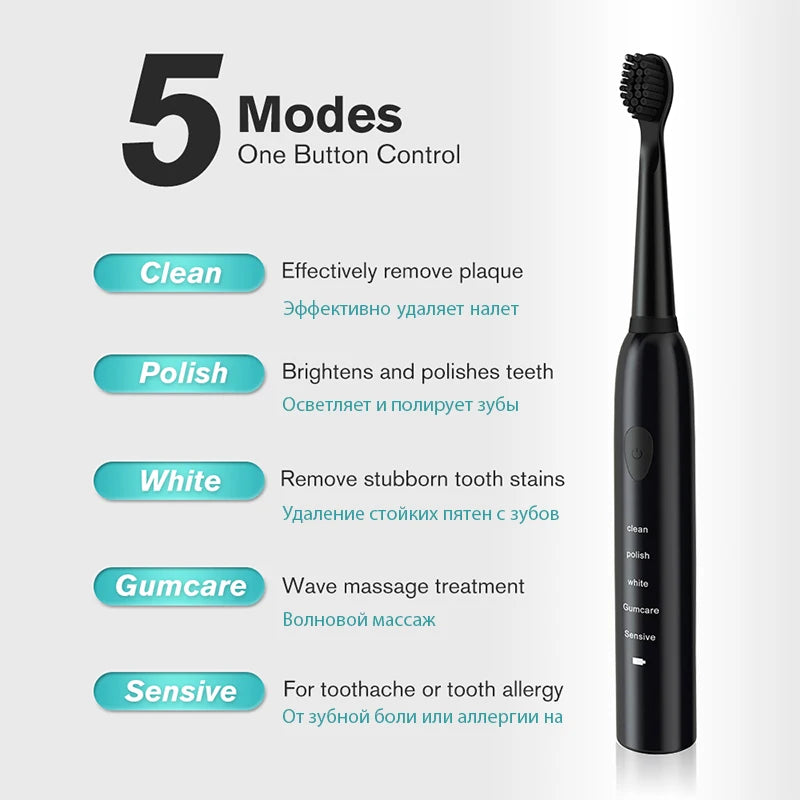 Electric Toothbrush 5-gear Mode USB Charging 4 colors IPX7 Waterproof Ultrasonic Rechargeable Soft Hair Toothbrush Adult Classic