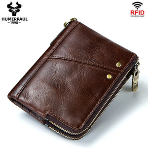 RFID Card Holder Wallet for Men Genuine Leather Small Money Bag Luxury Double Zipper Coin Pocket Quality Male Clutch Carteira