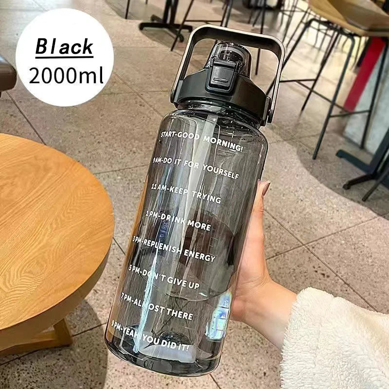 2L Water Bottle With Straw Large Capacity Sports Water Bottle Travel Fitness Sports Portable Drinking Bottles With Time Marker