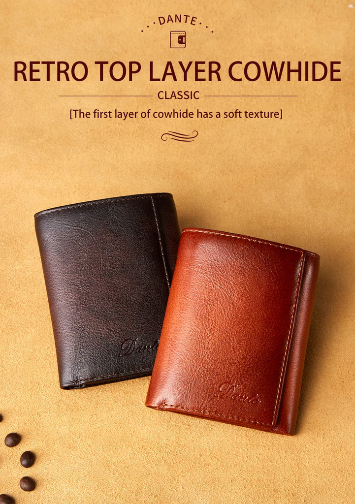 Dante Retro Three Fold Genuine Leather Men's Wallet with Anti-Theft Card Swiping Head Layer Cowhide Wallets Multiple Card Slot