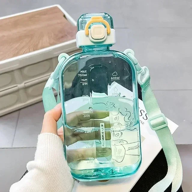 Flat Square Transparent Water Bottle Portable Travel Canteen with Adjustable Strap Elegant Slim Bottle for Sport Camping