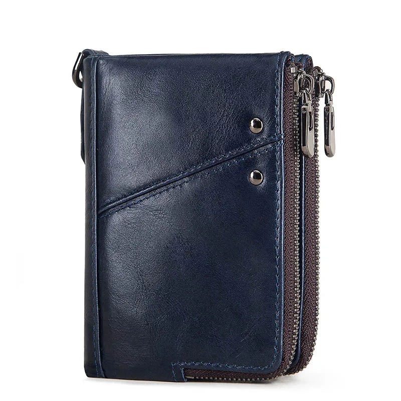 RFID Card Holder Wallet for Men Genuine Leather Small Money Bag Luxury Double Zipper Coin Pocket Quality Male Clutch Carteira