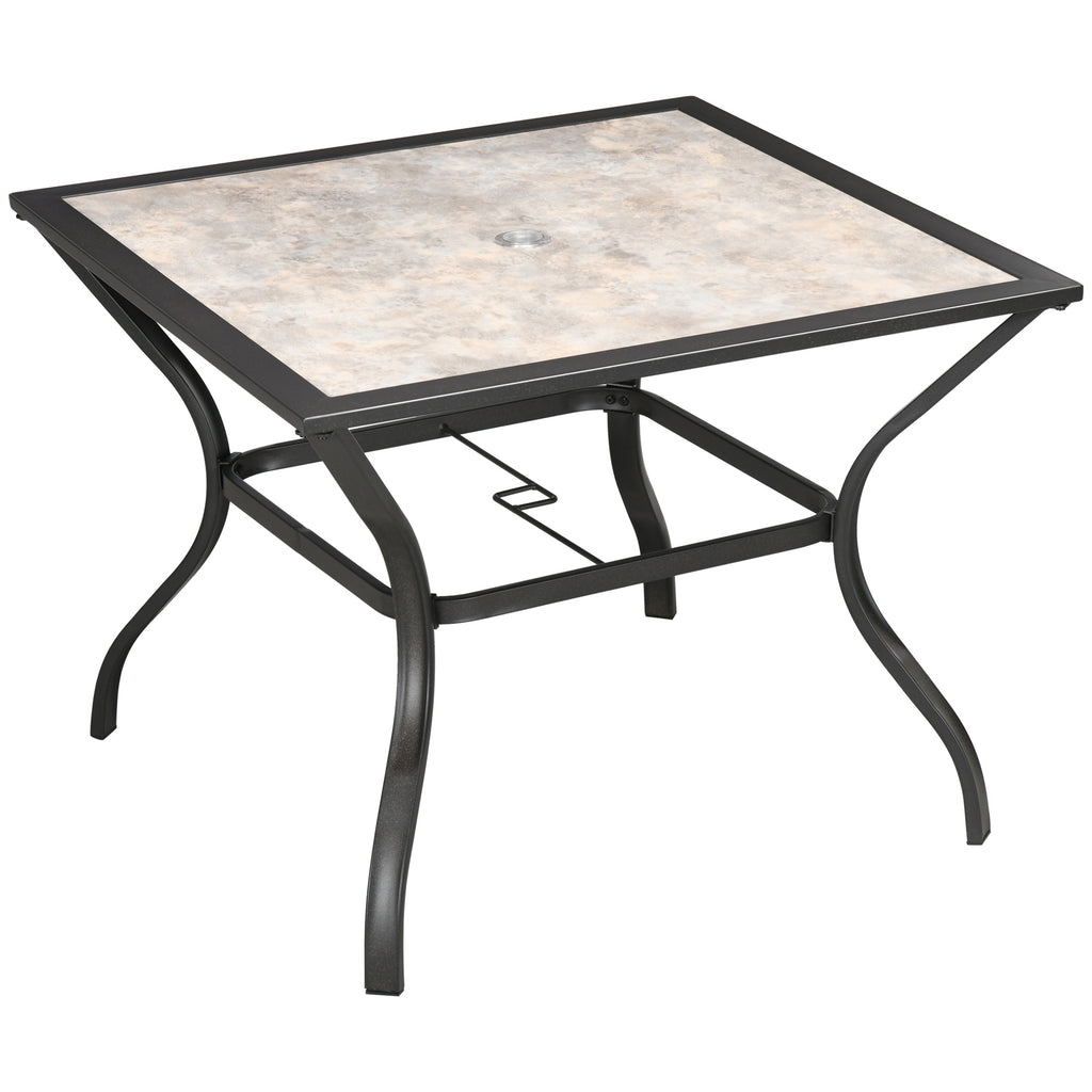 DodiOnline 94 x 94 cm Garden Table with Parasol Hole, Outdoor Dining Table for 4, Square Patio Table with Stone-Grain Effect PC Board Top for Patio, Garden, Grey