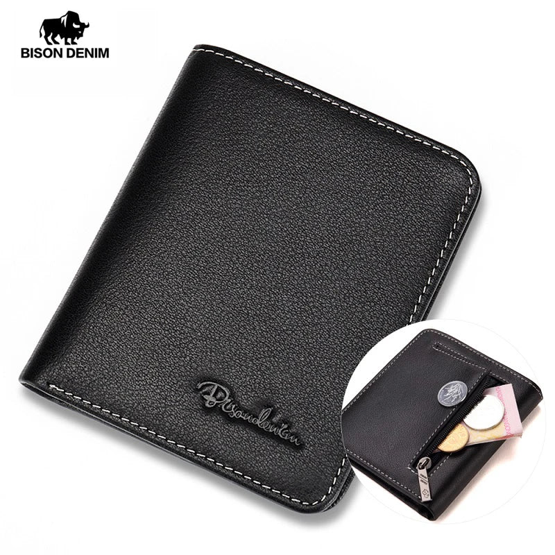 BISON DENIM Black Purse For Men Genuine Leather Men's Wallets Thin Male Wallet Card Holder Cowskin Soft Mini Purses N4429