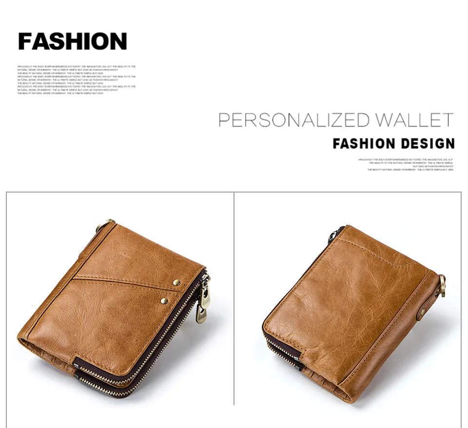 RFID Card Holder Wallet for Men Genuine Leather Small Money Bag Luxury Double Zipper Coin Pocket Quality Male Clutch Carteira
