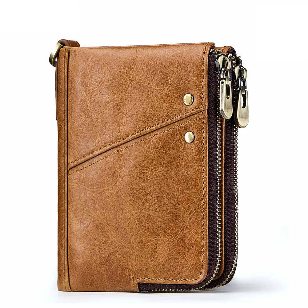 RFID Card Holder Wallet for Men Genuine Leather Small Money Bag Luxury Double Zipper Coin Pocket Quality Male Clutch Carteira