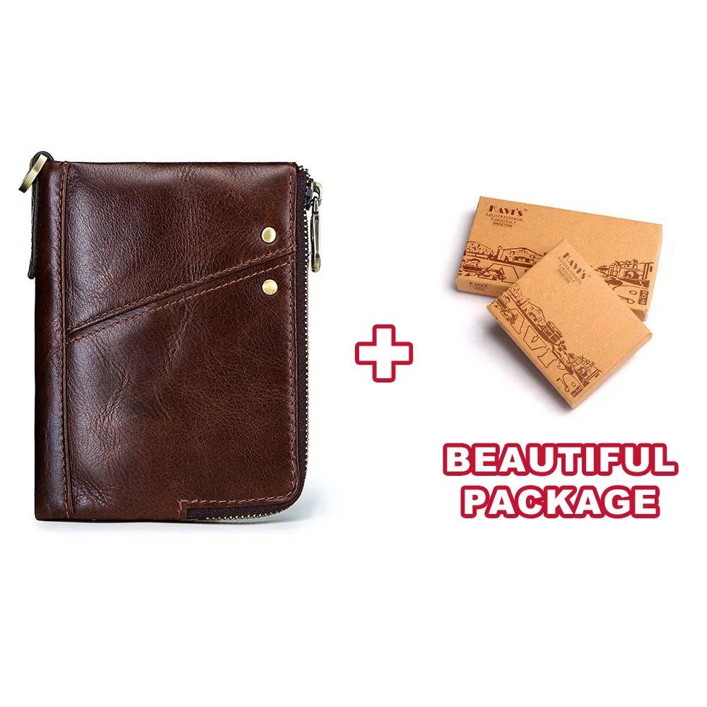 RFID Card Holder Wallet for Men Genuine Leather Small Money Bag Luxury Double Zipper Coin Pocket Quality Male Clutch Carteira