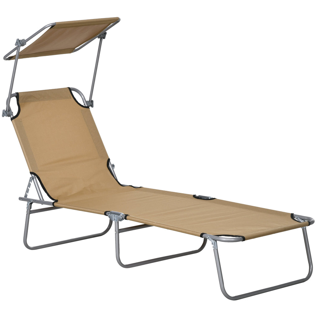 DodiOnline Outdoor Foldable Sun Lounger, 4 Level Adjustable Backrest Reclining Sun Lounger Chair with Angle Adjust Sun Shade Awning for Beach, Garden, Patio, Tan