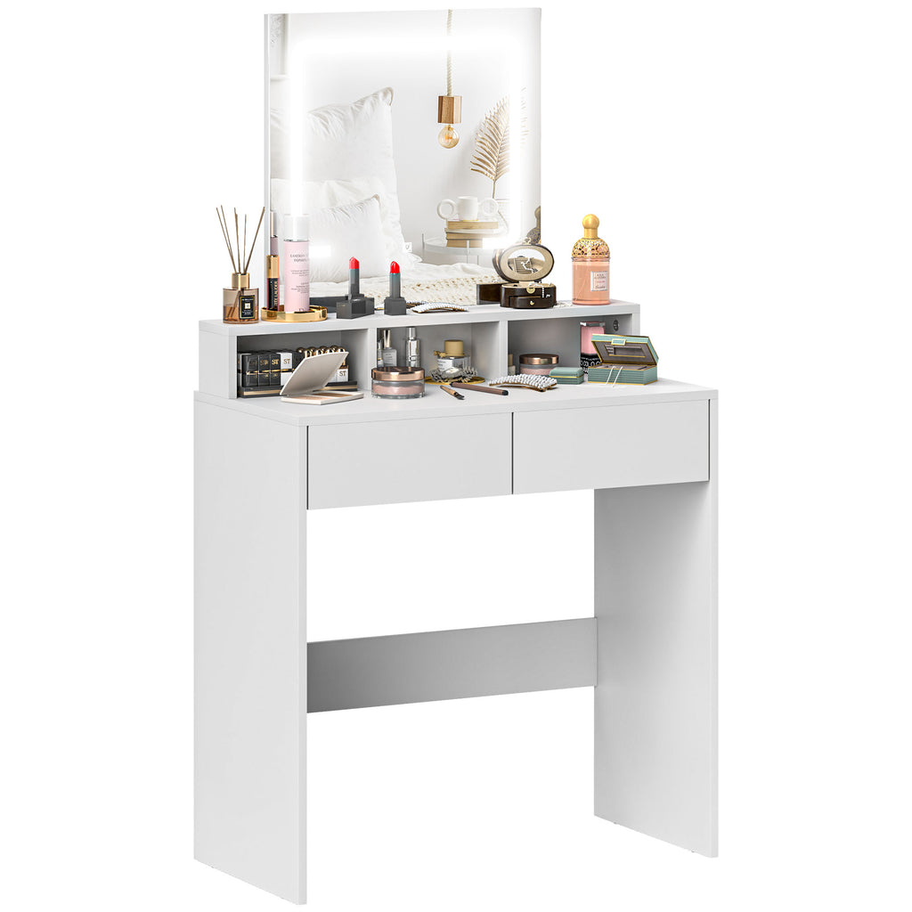 DodiOnline Dressing Table with Mirror and LED Lights, Vanity Table with 2 Drawers, 3 Compartments, 3 Colour Lighting, for Bedroom, Modern Dresser Makeup Desk for Women and Girls, White